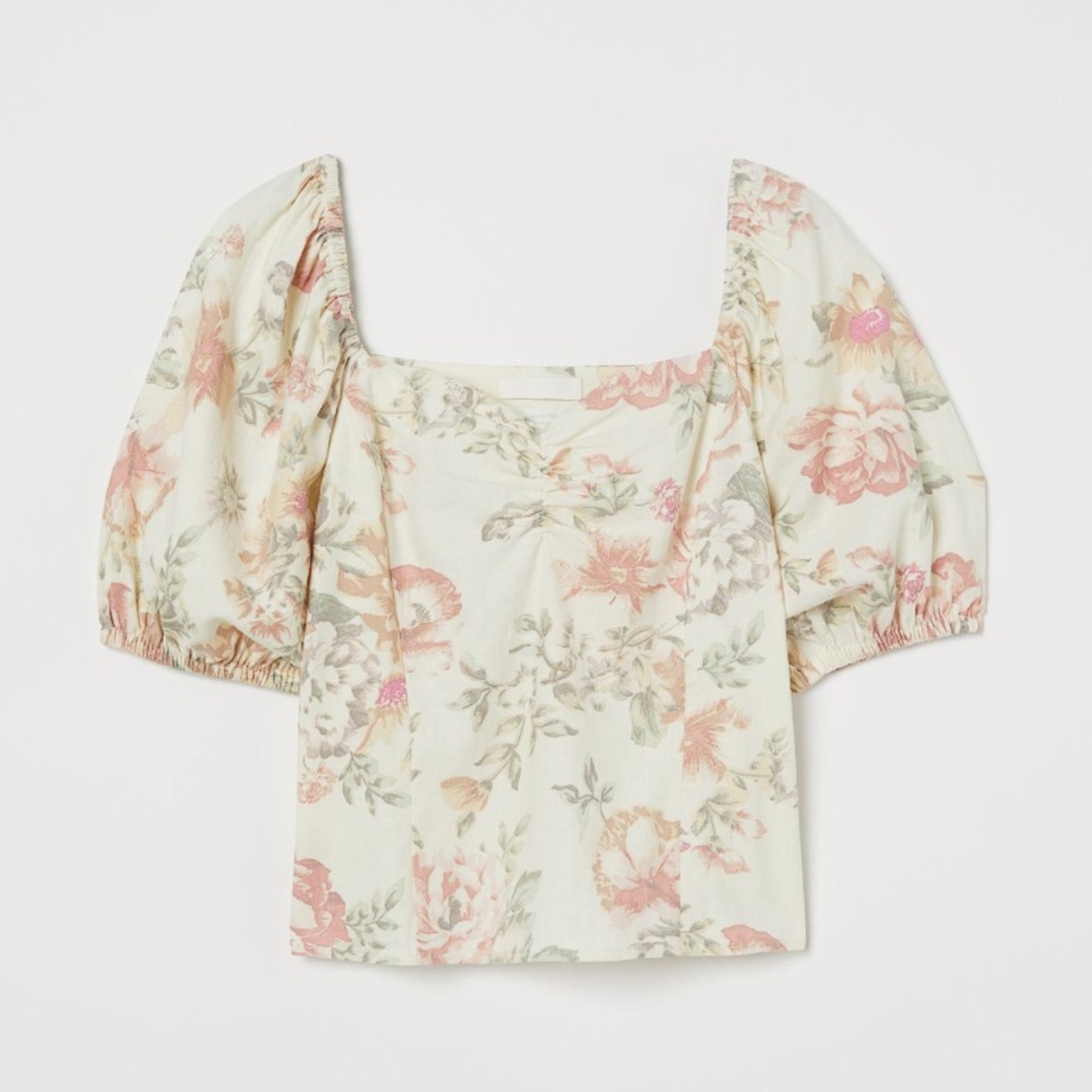 NWT Floral Puff Sleeve Sweetheart Neckline WOMENS Linen Shirt H&M